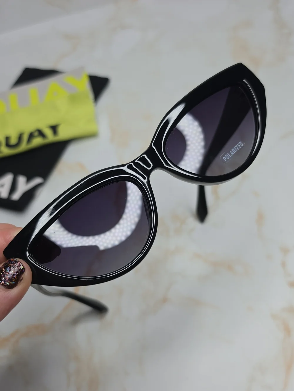 QUAY "NARROW DOWN" Black Cat Eye Frame / Smoke Polarized Lenses Sunglasses - Picture 9 of 11